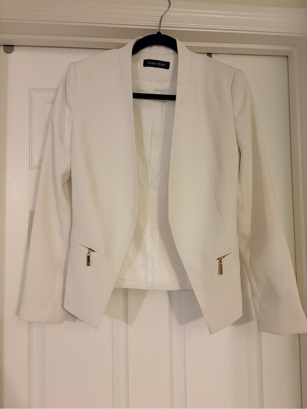 Ivanka Trump Cream Open-Front Blazer with Gold Zipper Accents